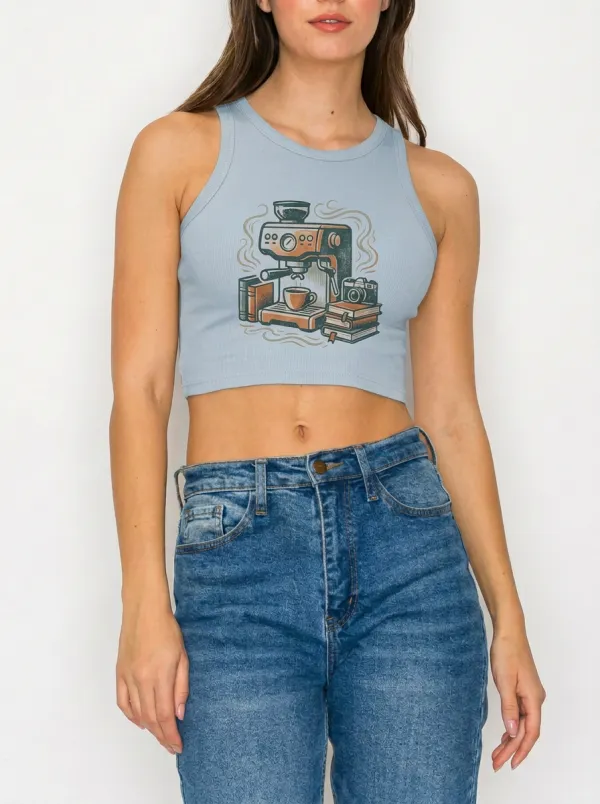 Women's Coffee Lover Book Camera Printed Ribbed Crop Top
