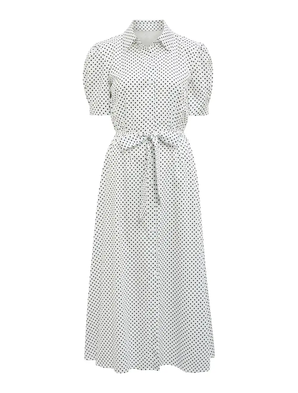 White Black Dot Print Short Sleeve Tie Waist Midi Dress