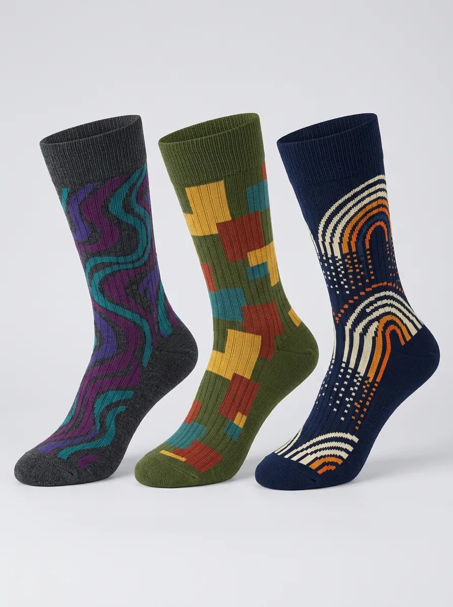 Men's Geometric Abstract Pattern Printed Three-Pack Crew Socks