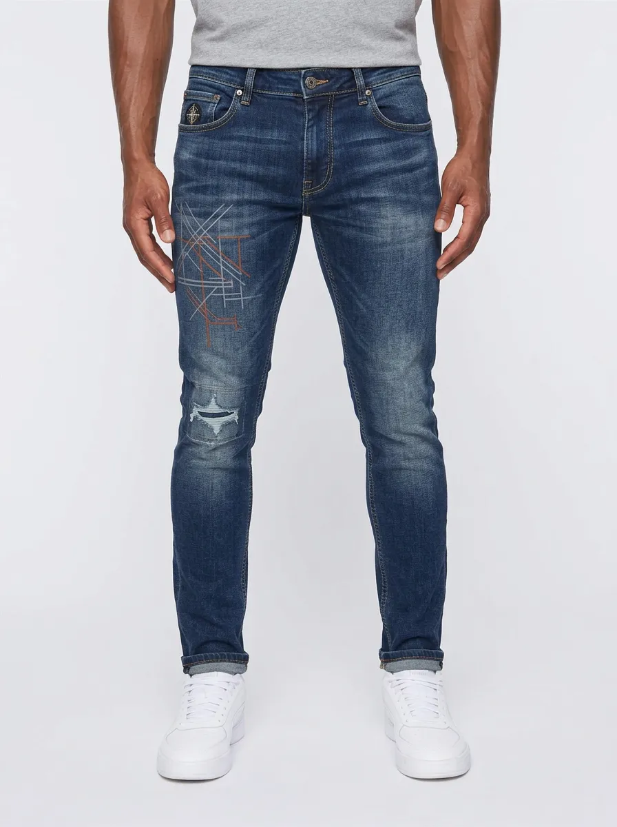 Men's Dark Wash Geometric Line Art Distressed Slim Fit Jeans