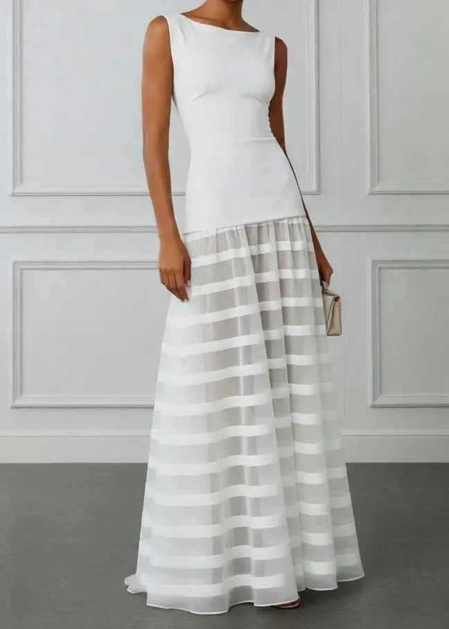 Boat Neck Stripe Tulle Maxi Gown
