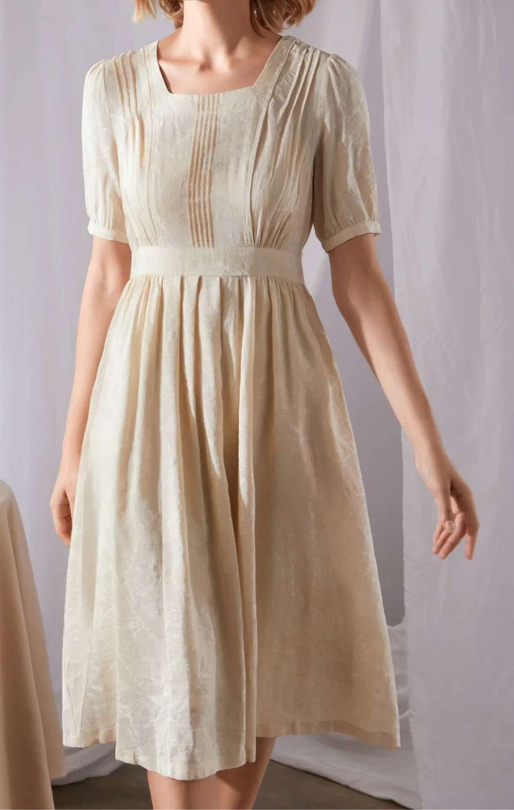 Linen Cotton Swing Pleated Puff Sleeve Midi Dress