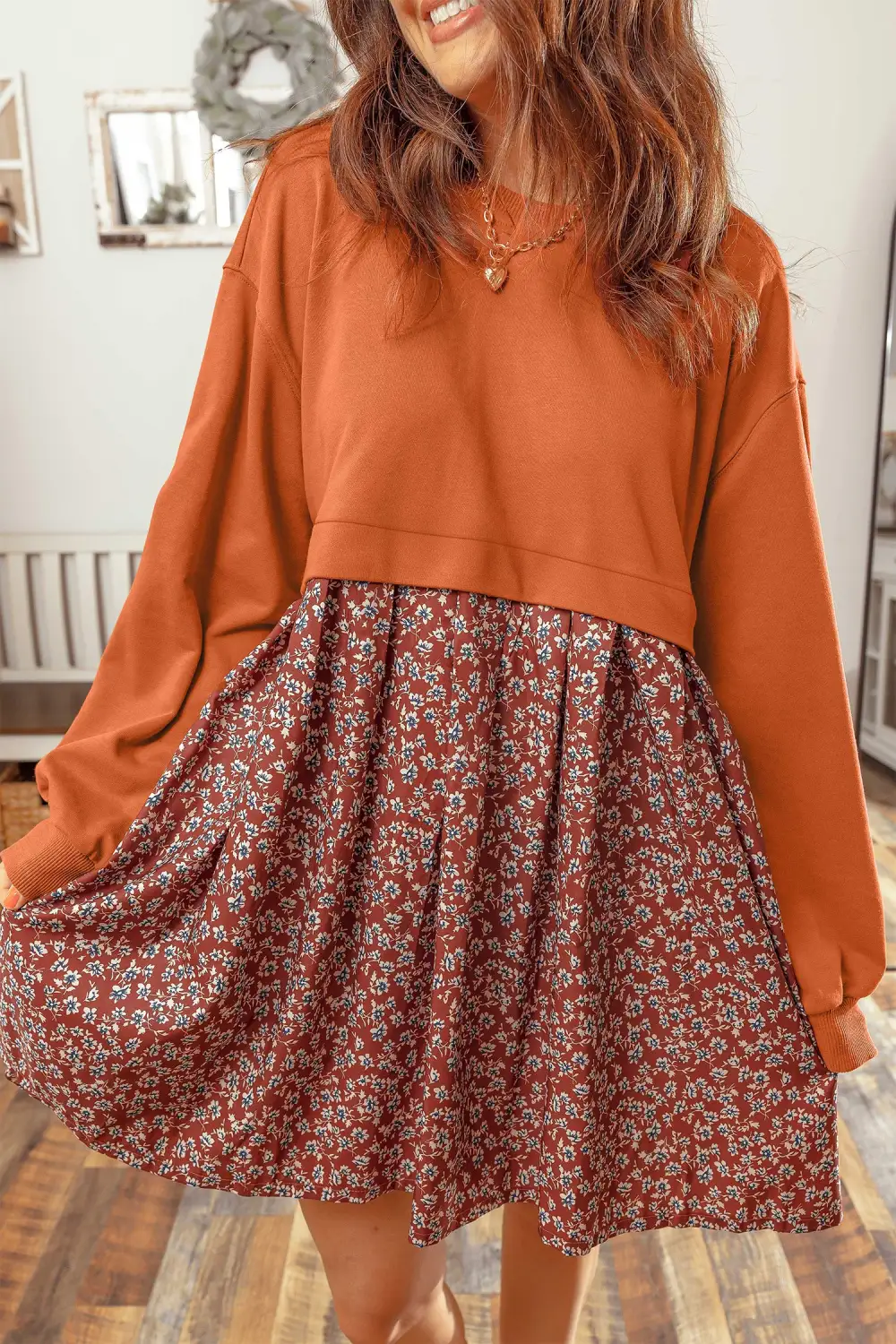 Women's Floral Print Solid Flared Patchwork Mini Dress