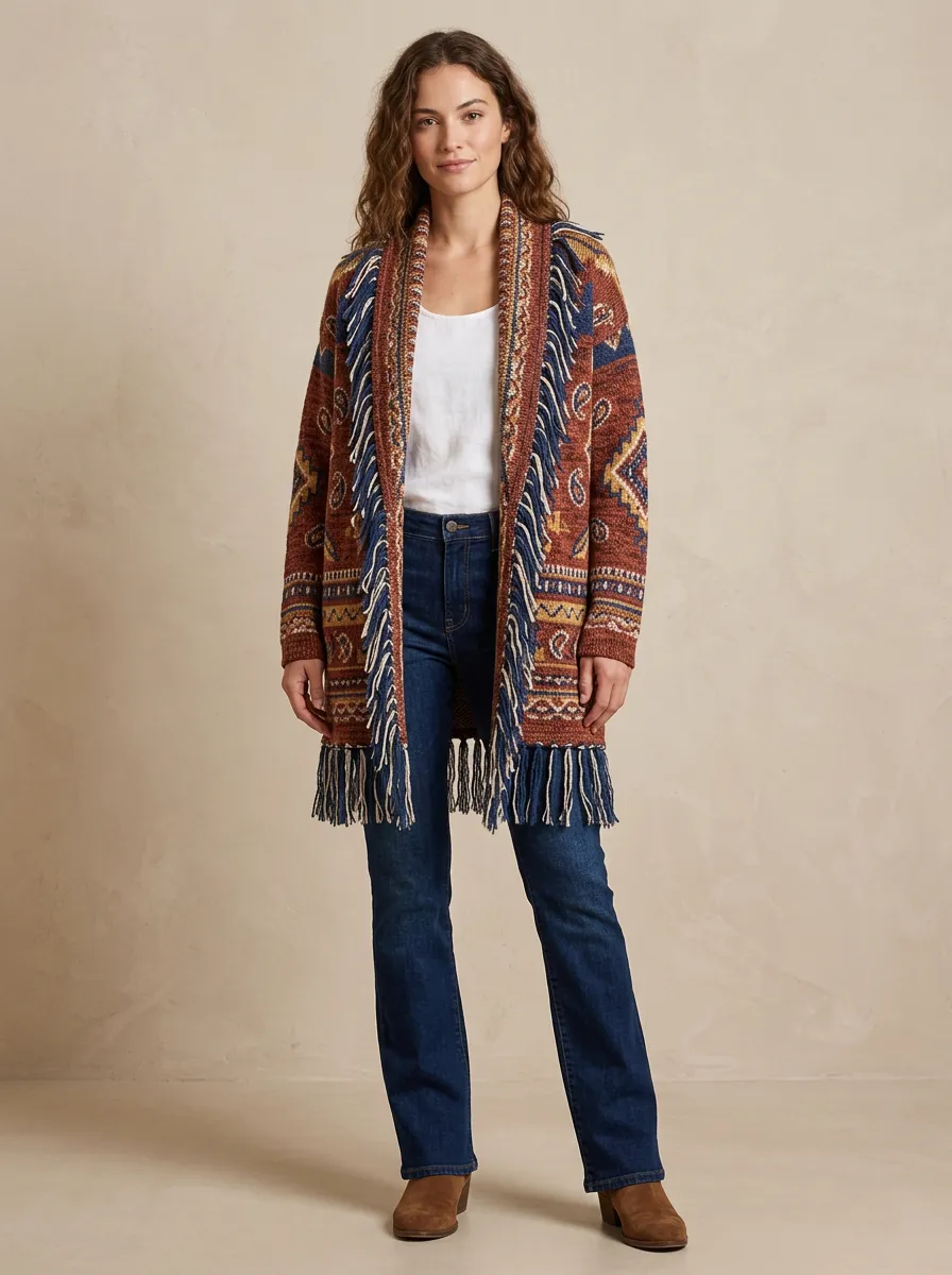 Women's Rust Multi-Pattern Fringe Open-Front Cardigan