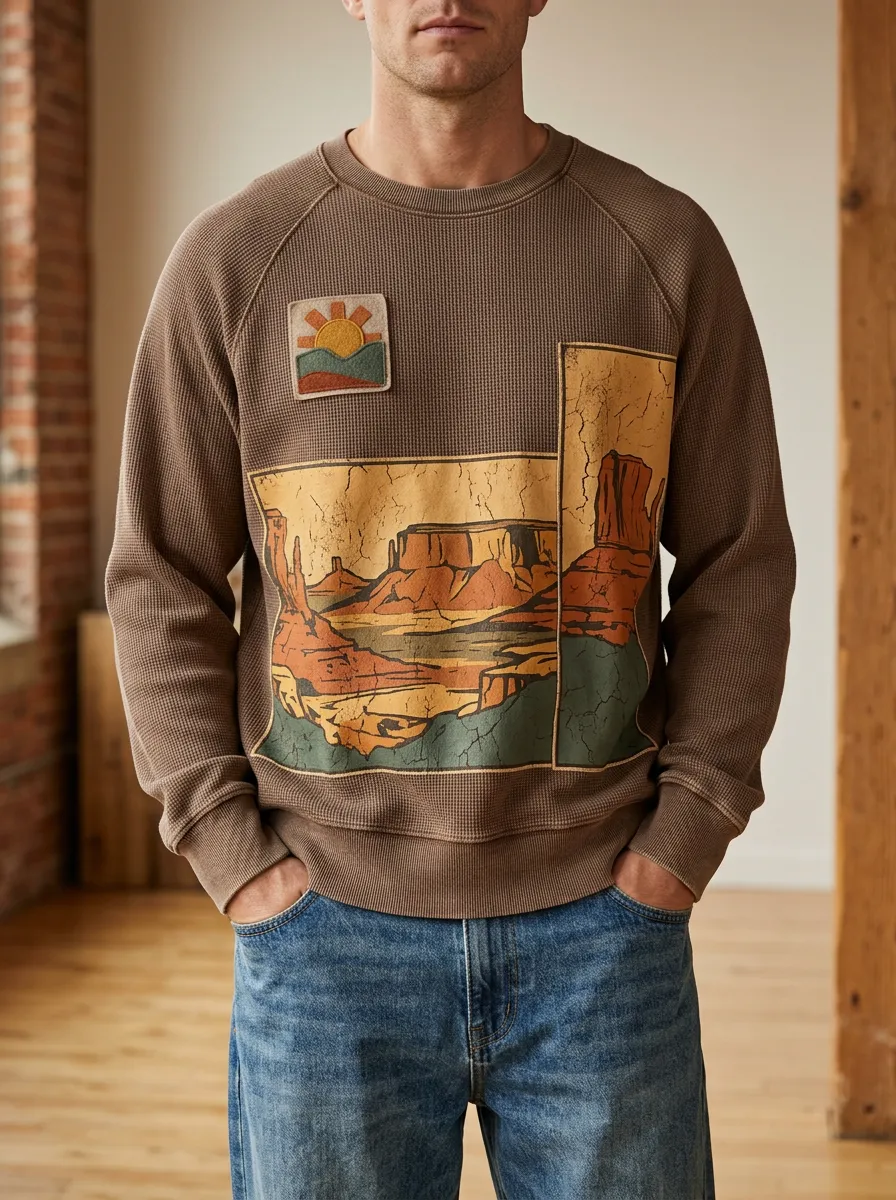 Men's Desert Landscape Sun Patch Printed Waffle Knit Sweatshirt