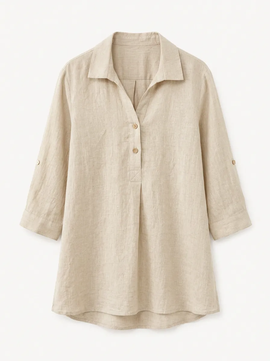 Women's Casual Beige Linen Blend Button-Down Shirt