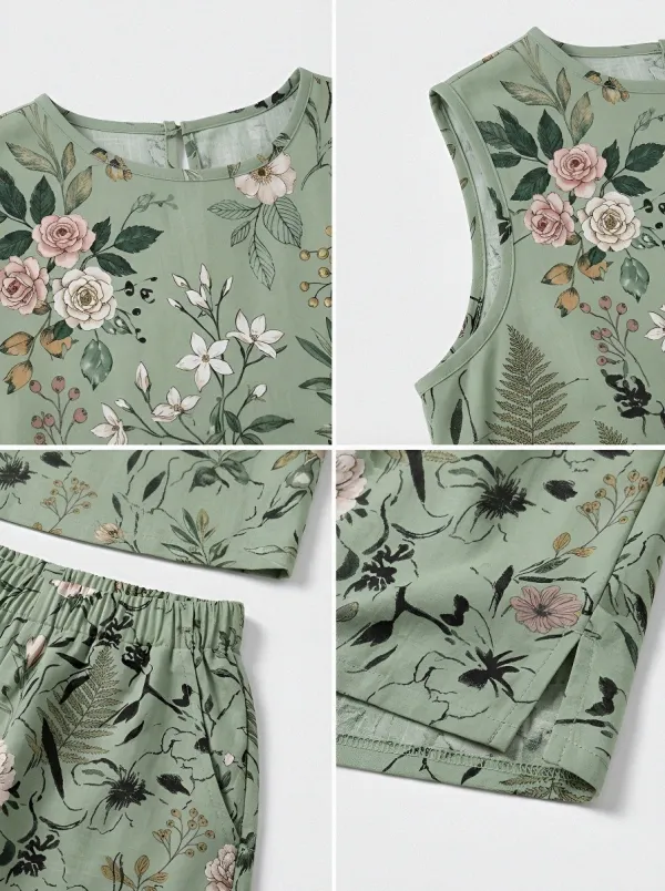 Women's Botanical Floral Sage Green Printed Sleeveless Shorts Set