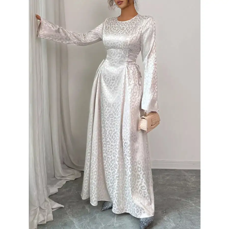 Leopard Lace Up Long Sleeve Maxi Dress