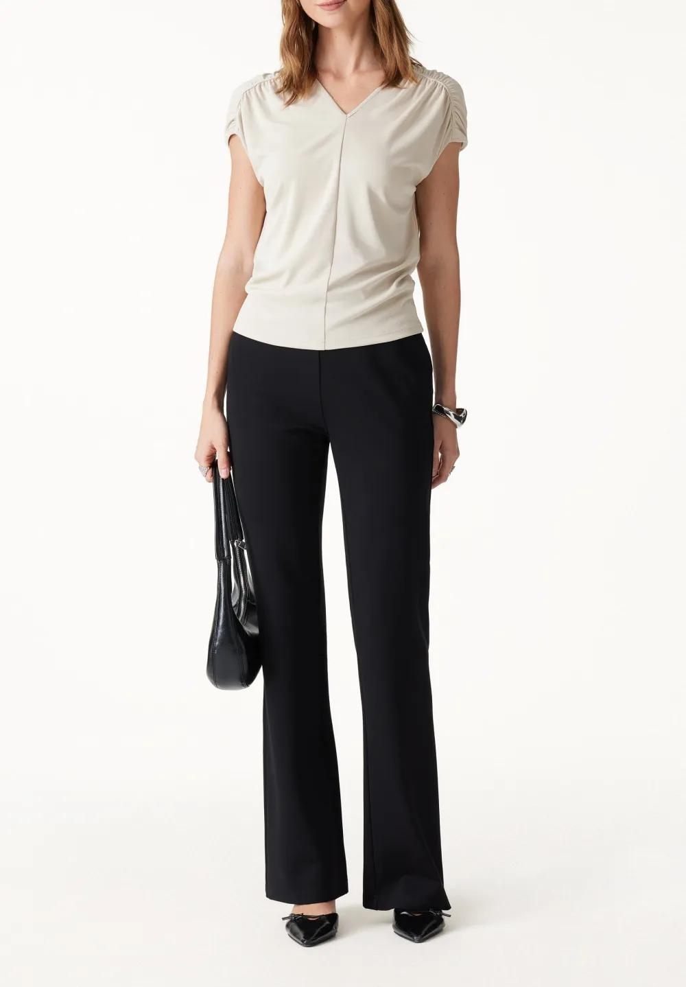 Modal Relaxed V-Neck Gathered Shoulder Top