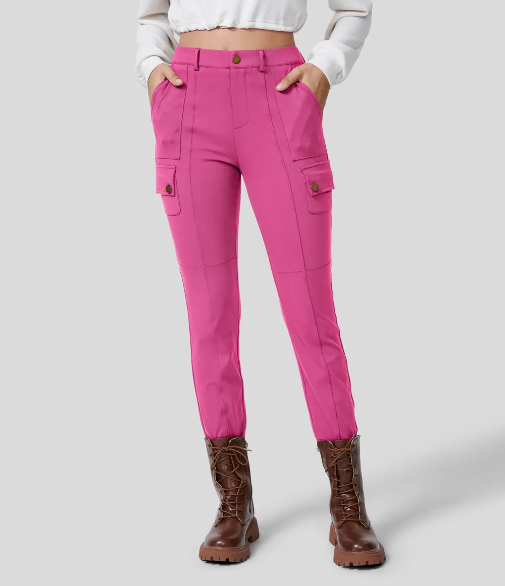 High Waisted Button Zipper Multiple Pockets Solid Skinny Cargo Pants
