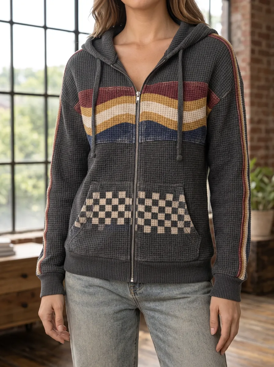 Women's Retro Wavy Stripe Checkerboard Signature Graphic Waffle Zip-Up Hoodie