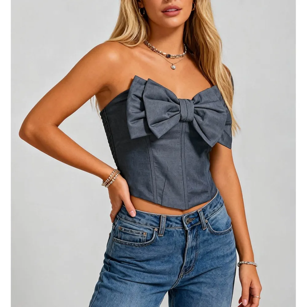 Bow Neck Corset Solid Color Crop Tube Top