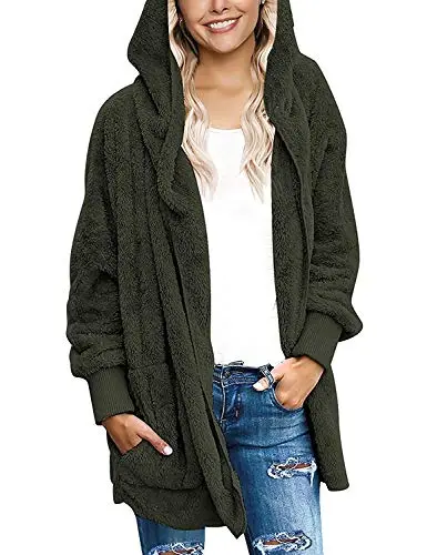 Womens Fuzzy Fleece Open Front Hooded Cardigan Jackets Sherpa Coat with Pockets