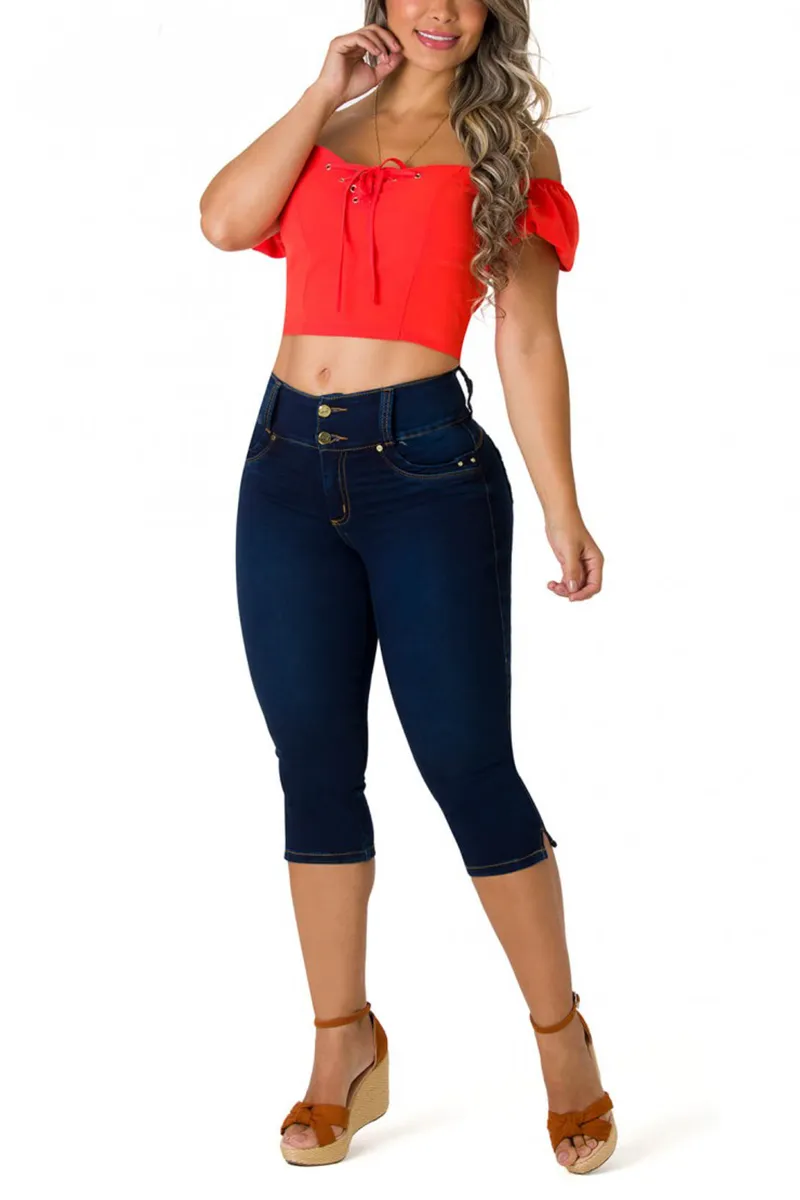 Double Button Mid Waist Capris Jeans
