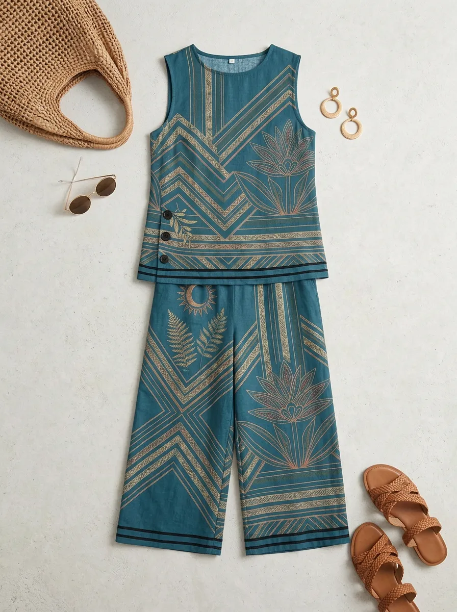 Women's Bohemian Moon Fern Geometric Printed Sleeveless Set