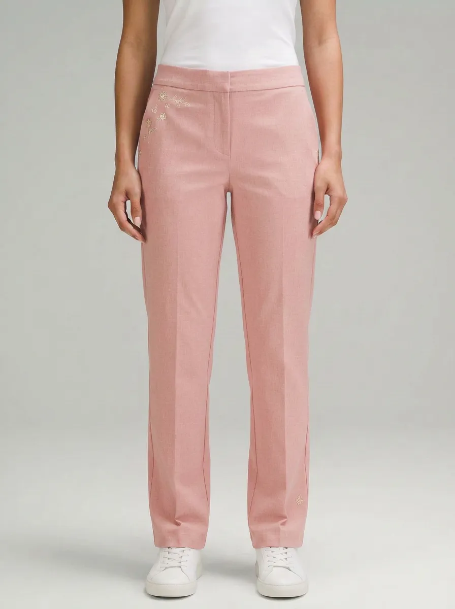Women's Floral Minimalist Embroidered Mid-Rise Straight Leg Pants