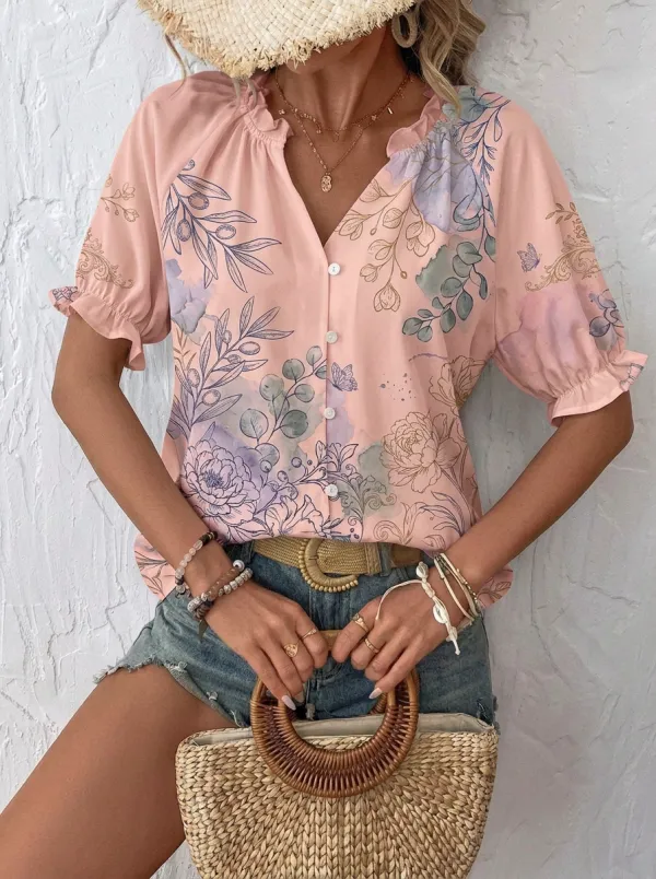 Women's Floral Botanical Butterfly Printed Button-Up Blouse
