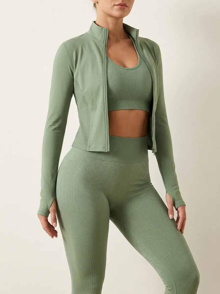 Utility Textured Detail Seamless Design Sport Look Women's Three Piece Activewear Set