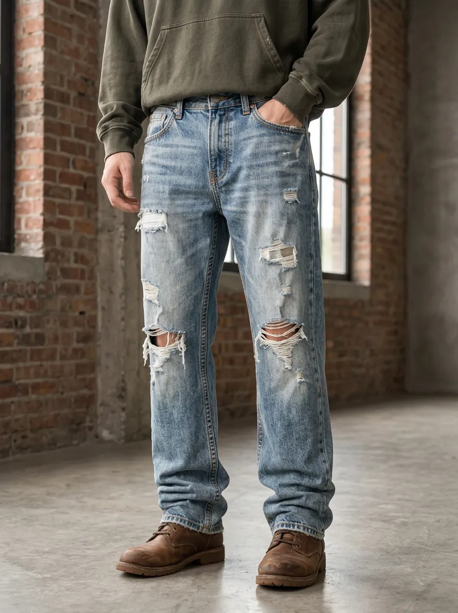 Men's Denim Five Pocket Detail Ripped Jeans