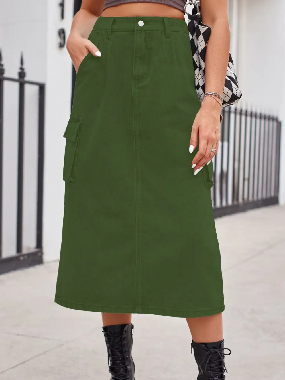 Simple Button Front Denim Detail Skirt