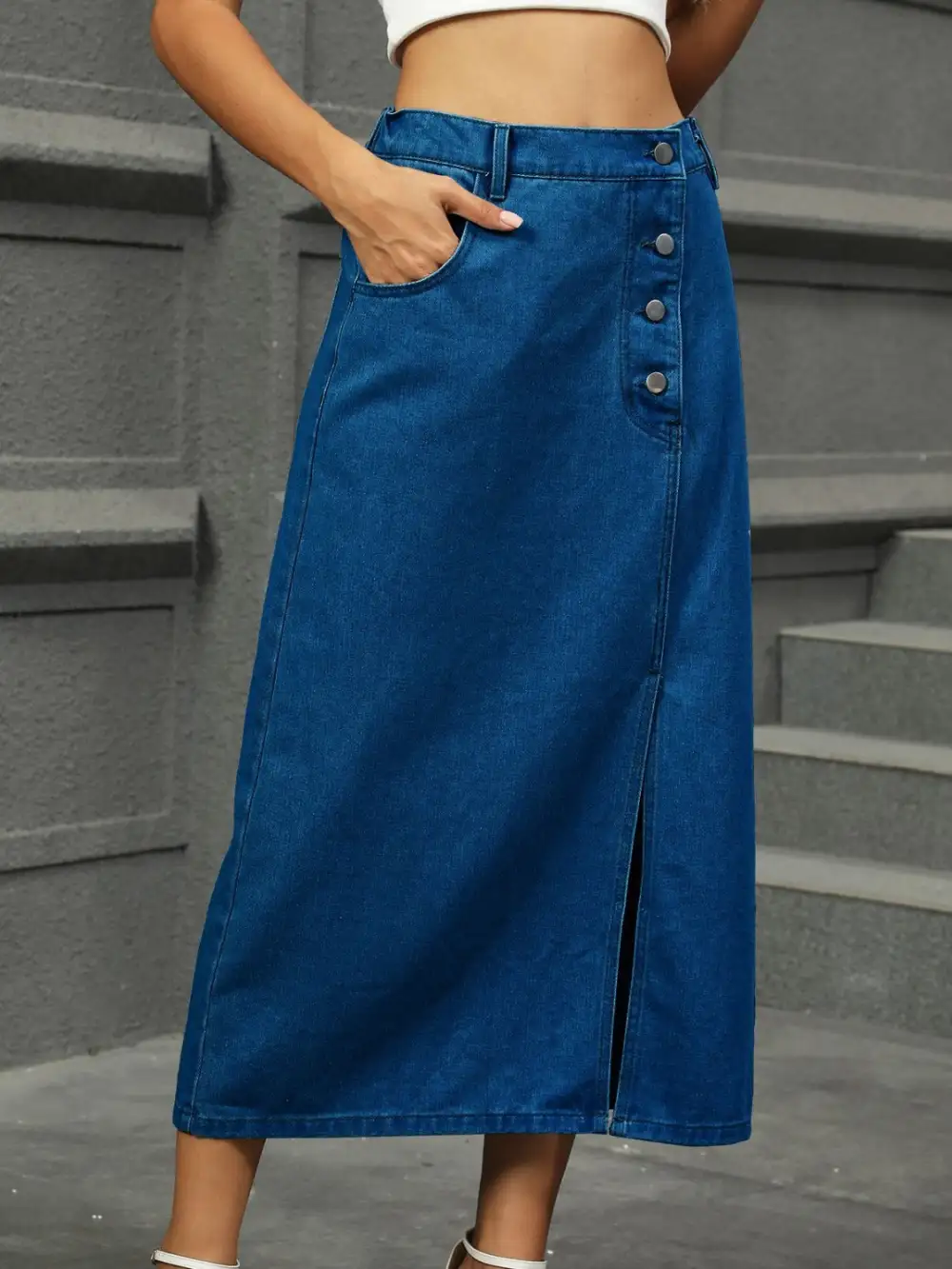 Everyday Denim Button Front Midi Skirt