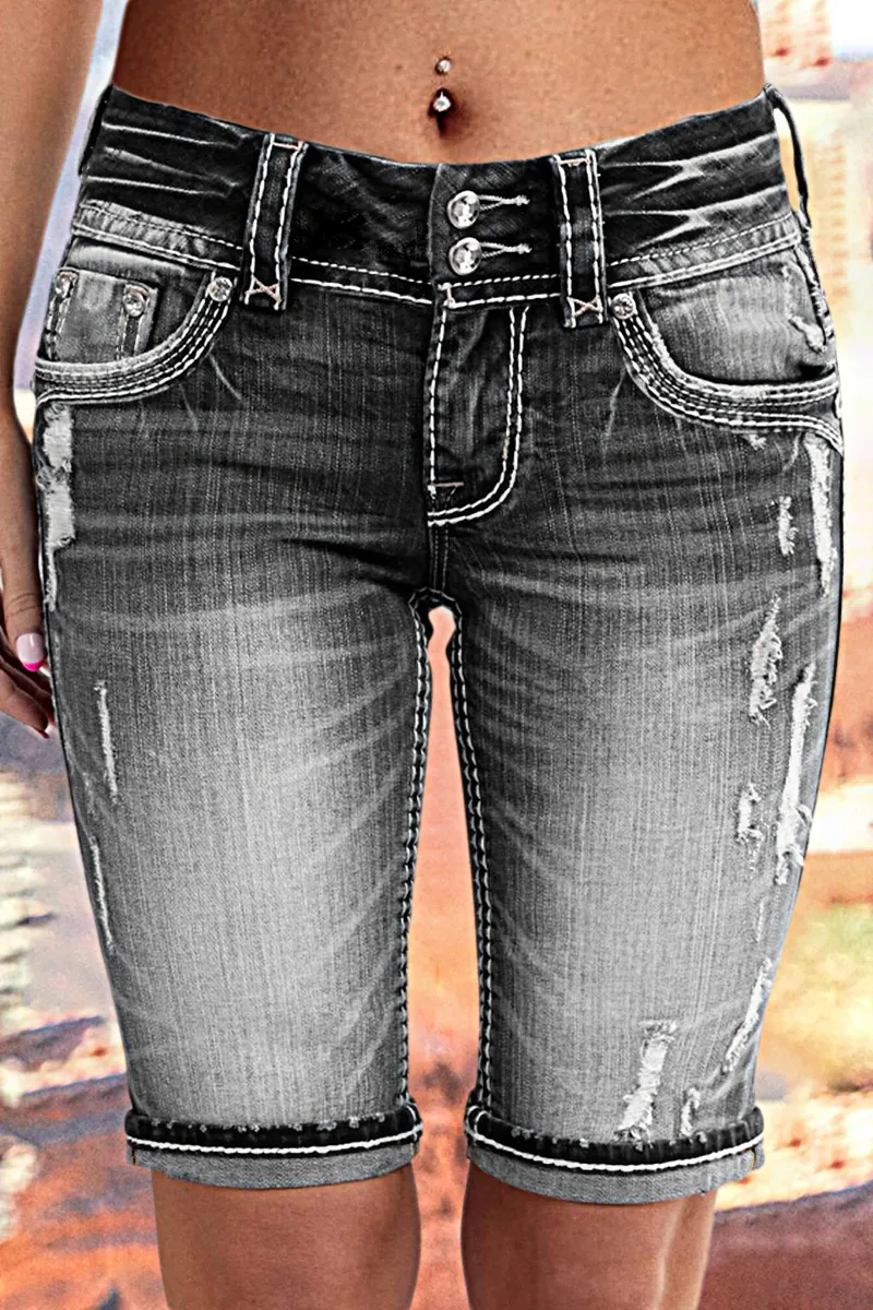 Double Button Ripped Mid Rise Denim Bermuda Shorts