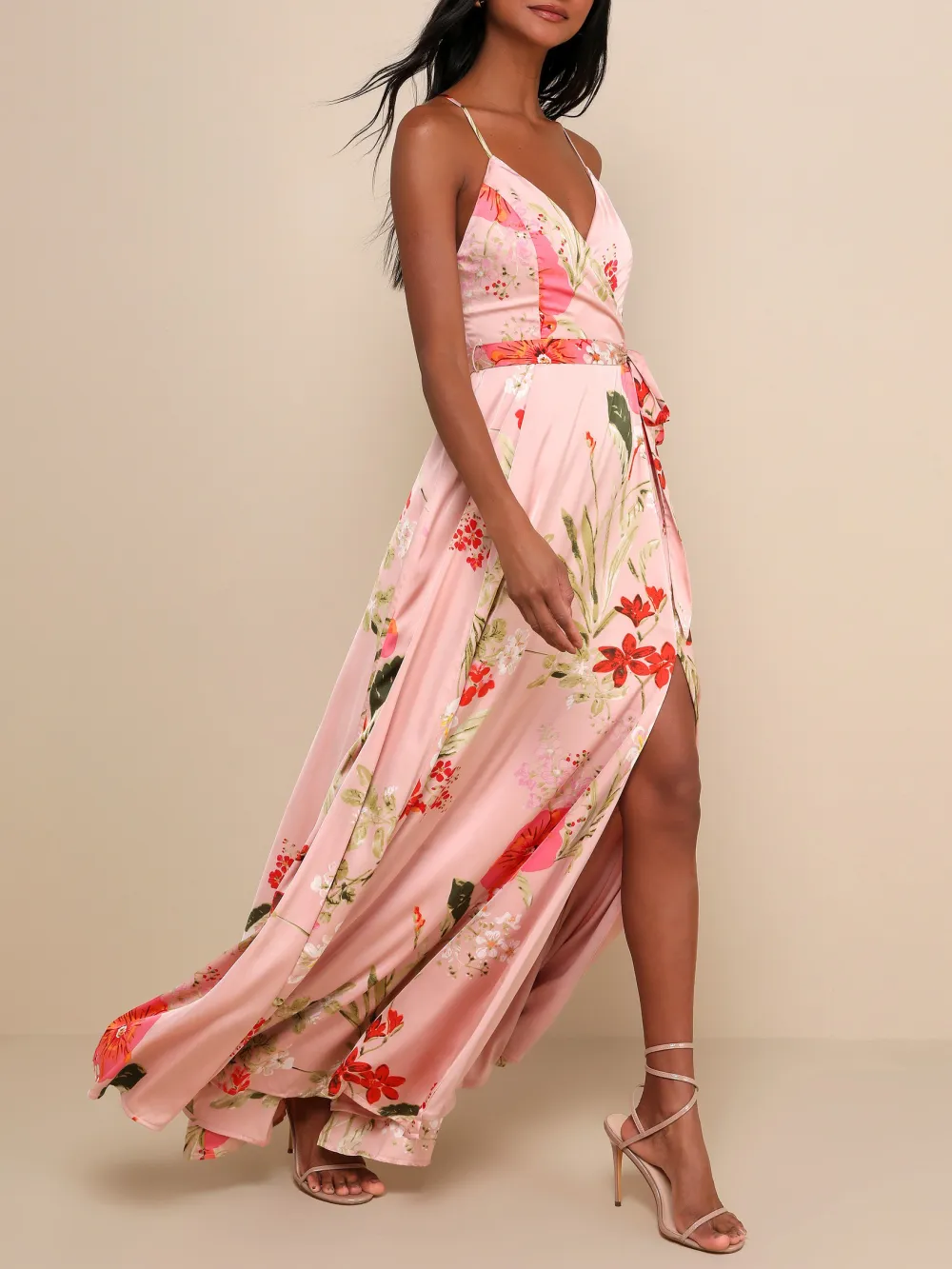 Red Floral Print Satin Maxi Dress