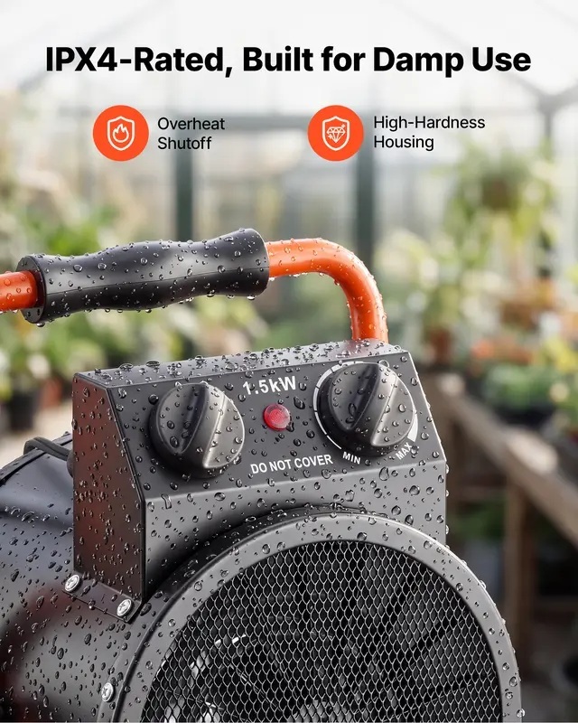 IPX4 and overheat shut-off information for the portable heater