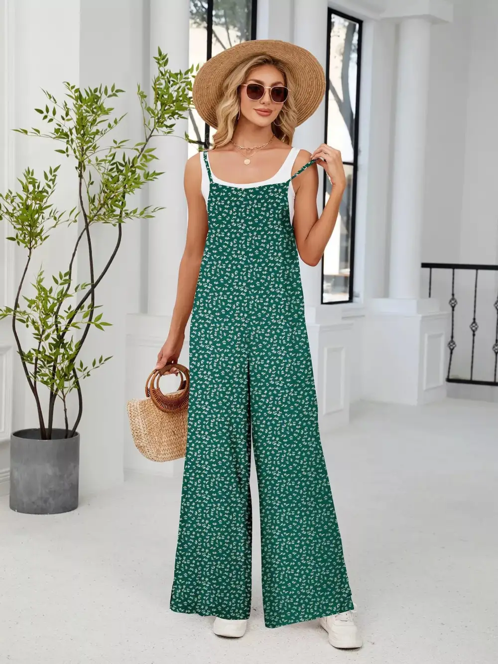 Plus Size Floral Print Wide Leg Jumpsuit