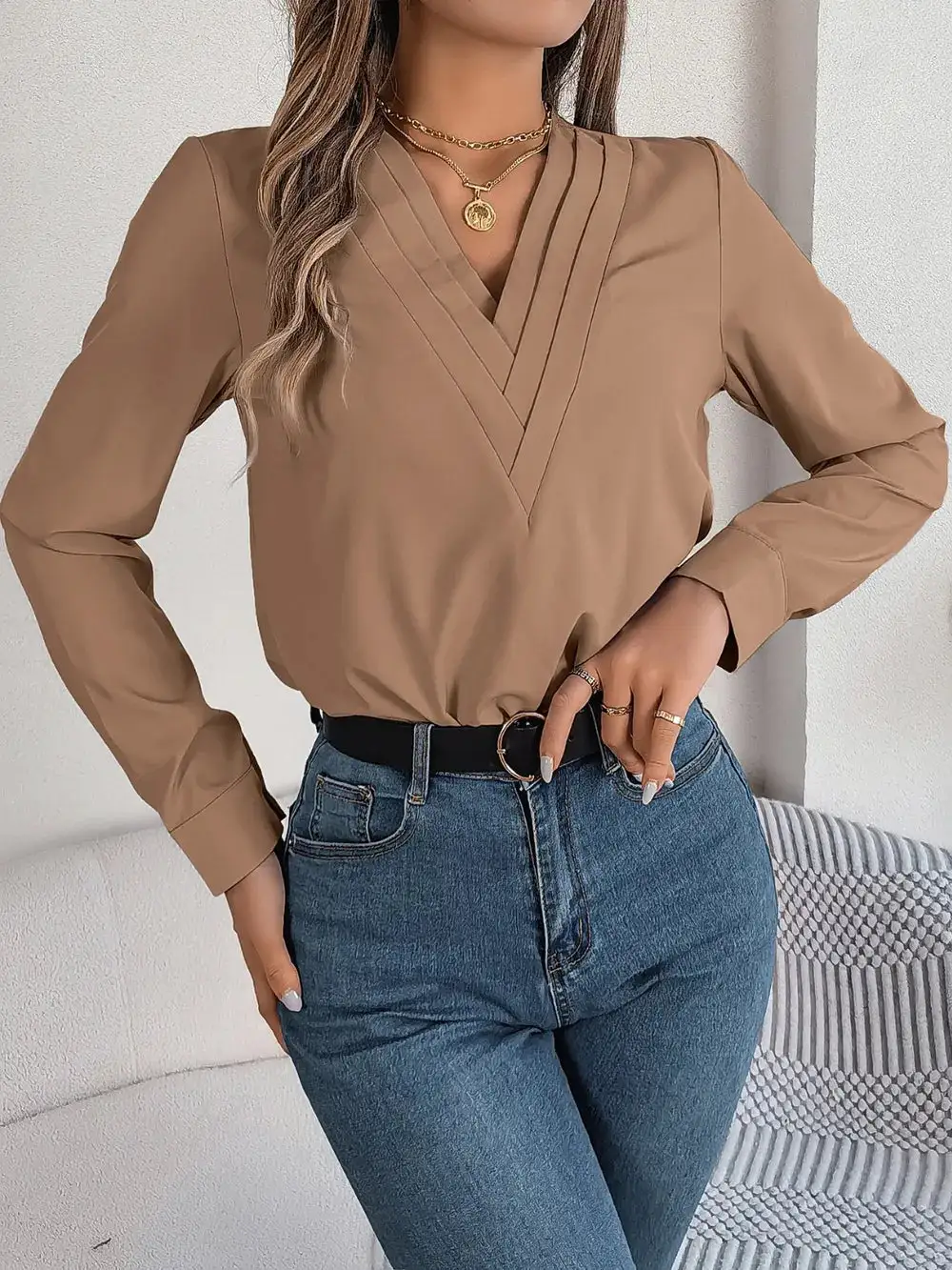 Textured V-Neck Long Sleeve Blouse