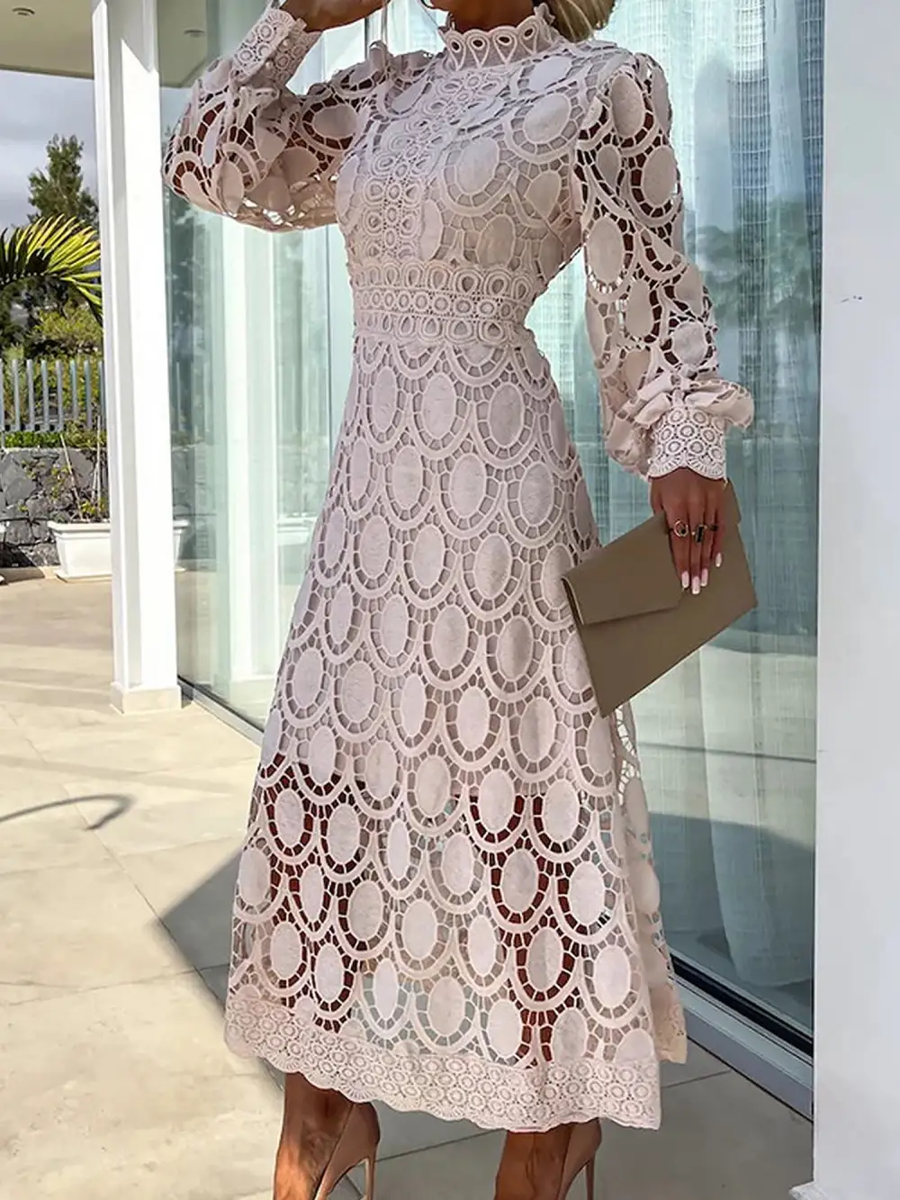 Boho Eyelet Mock-Neck Long-Sleeve Evening Maxi Dress