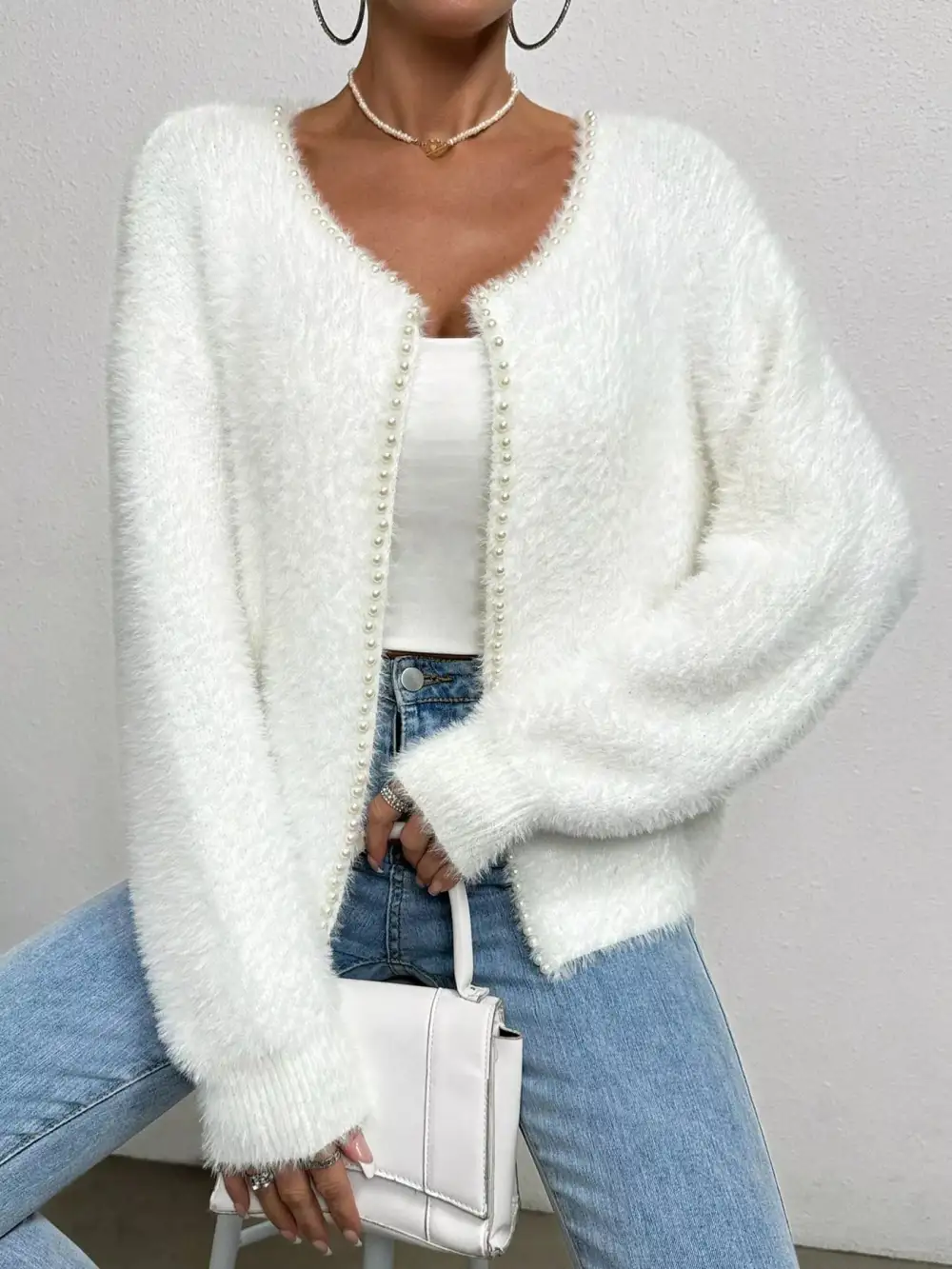 Pearl Trim Fuzzy Knit Cardigan