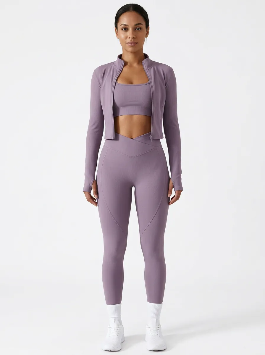 Performance-Inspired Ribbed Texture Seamless Design Casual Look Women's Three Piece Activewear Set
