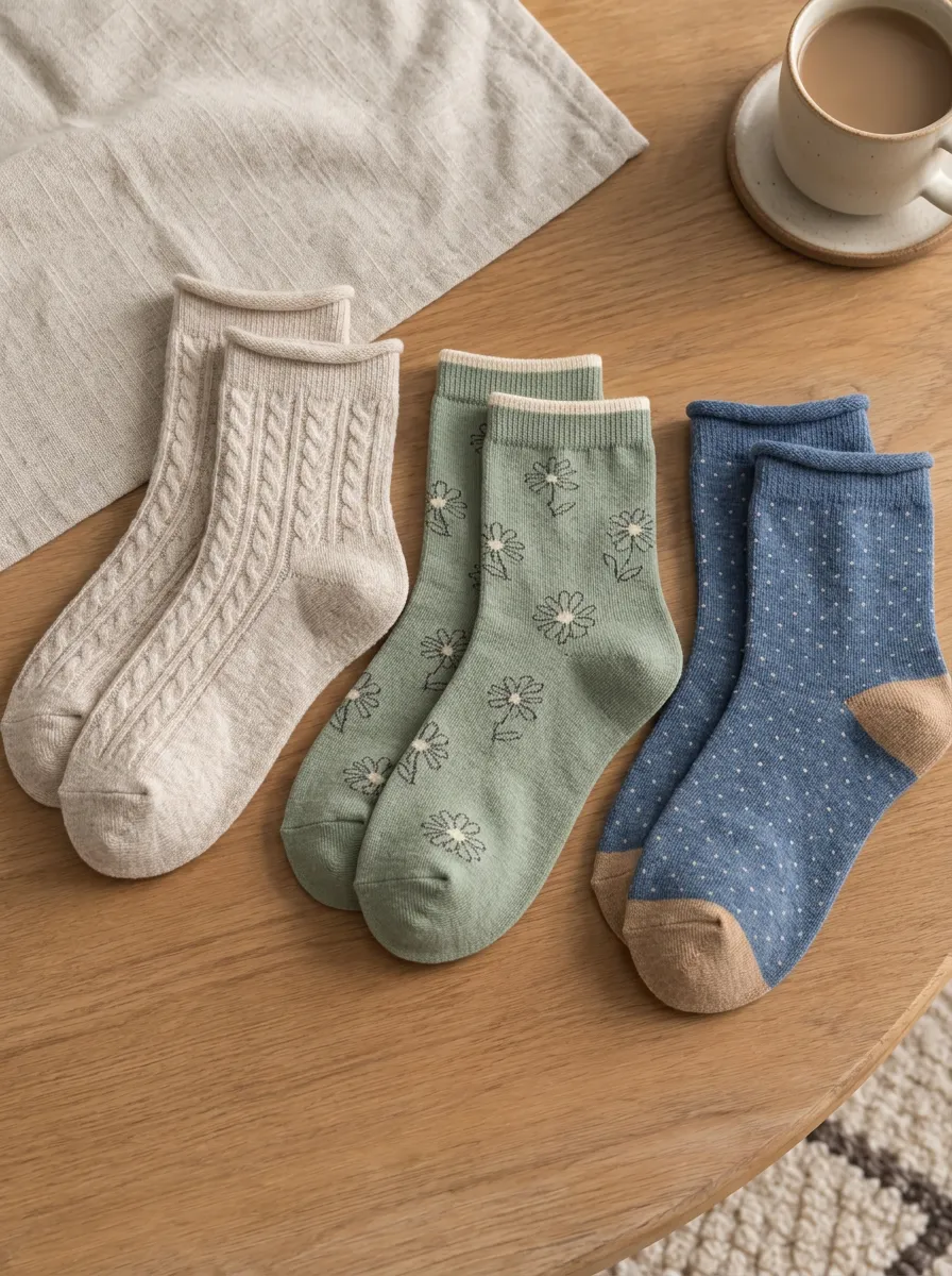 Women's Floral Cable Knit Polka Dot Printed Socks 3-Pack