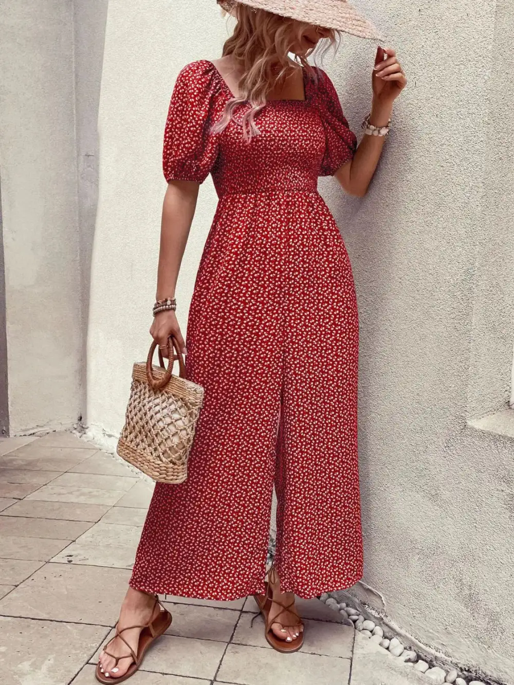 Printed Square Neck Puff Sleeve Everyday Jumpsuit