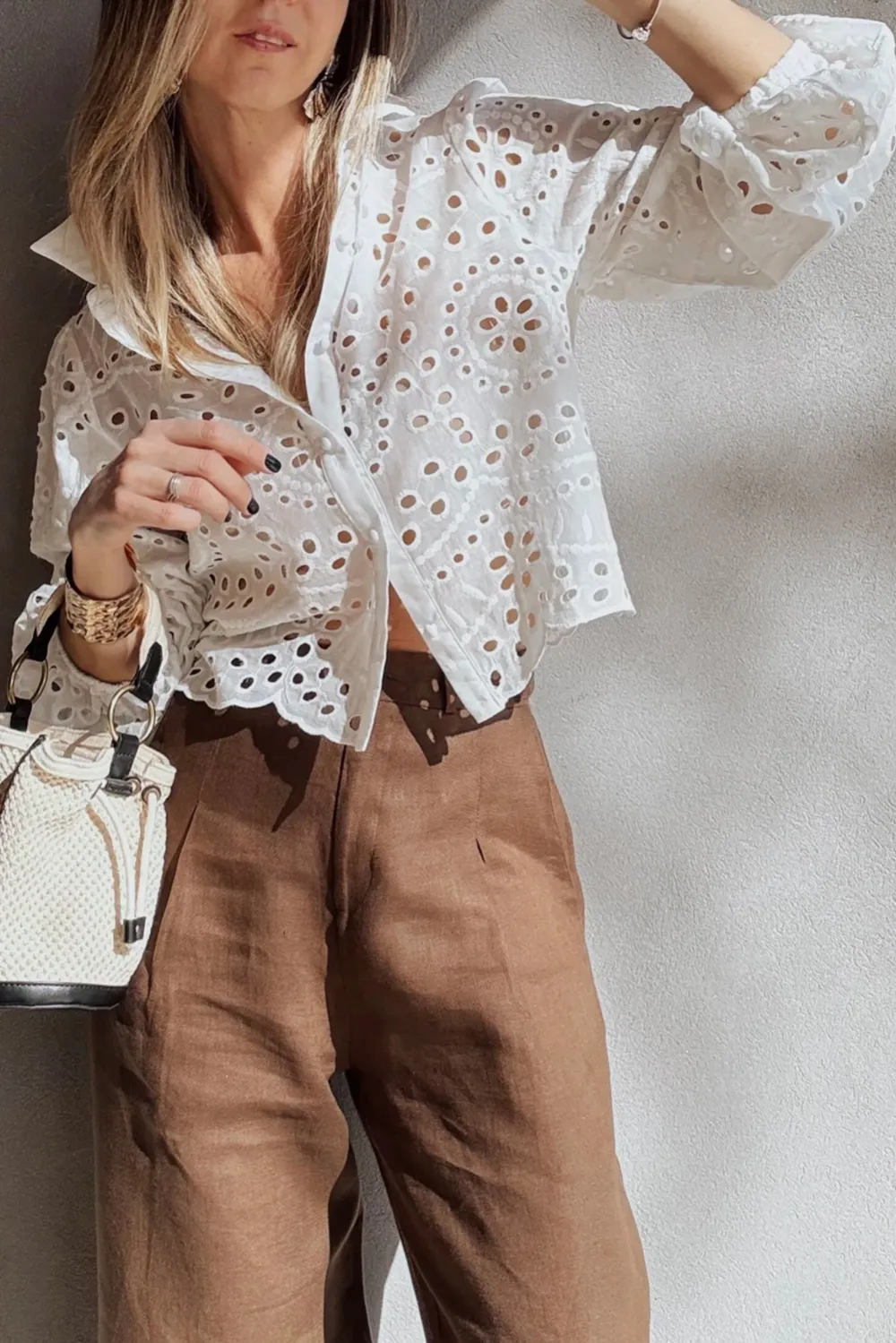 White Eyelet Embroidered Puff Sleeve Shirt