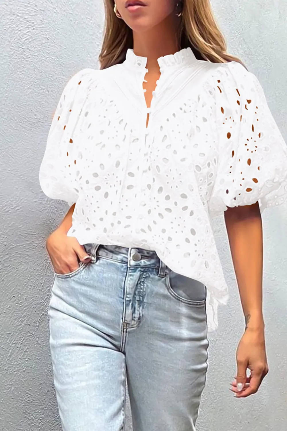 White Flower Embroidered Hollow Out Blouse