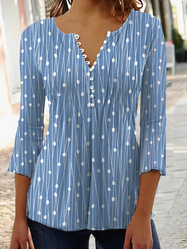 Women Geometric Casual Autumn V neck Daily Three Quarter Regular Regular Regular Size Tops