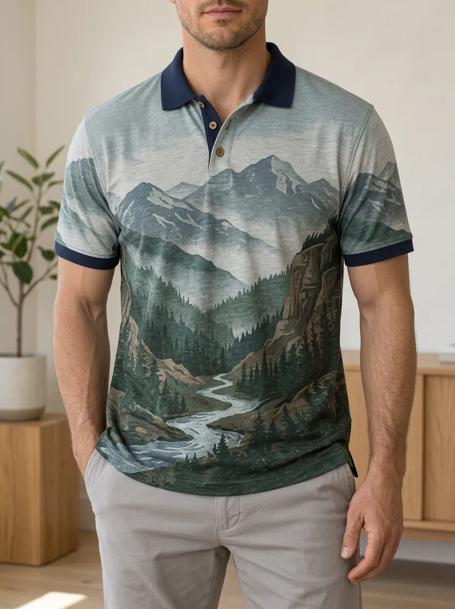 Men's Nature Lover Mountain River Landscape Printed Polo Shirt Versatile Daily Style