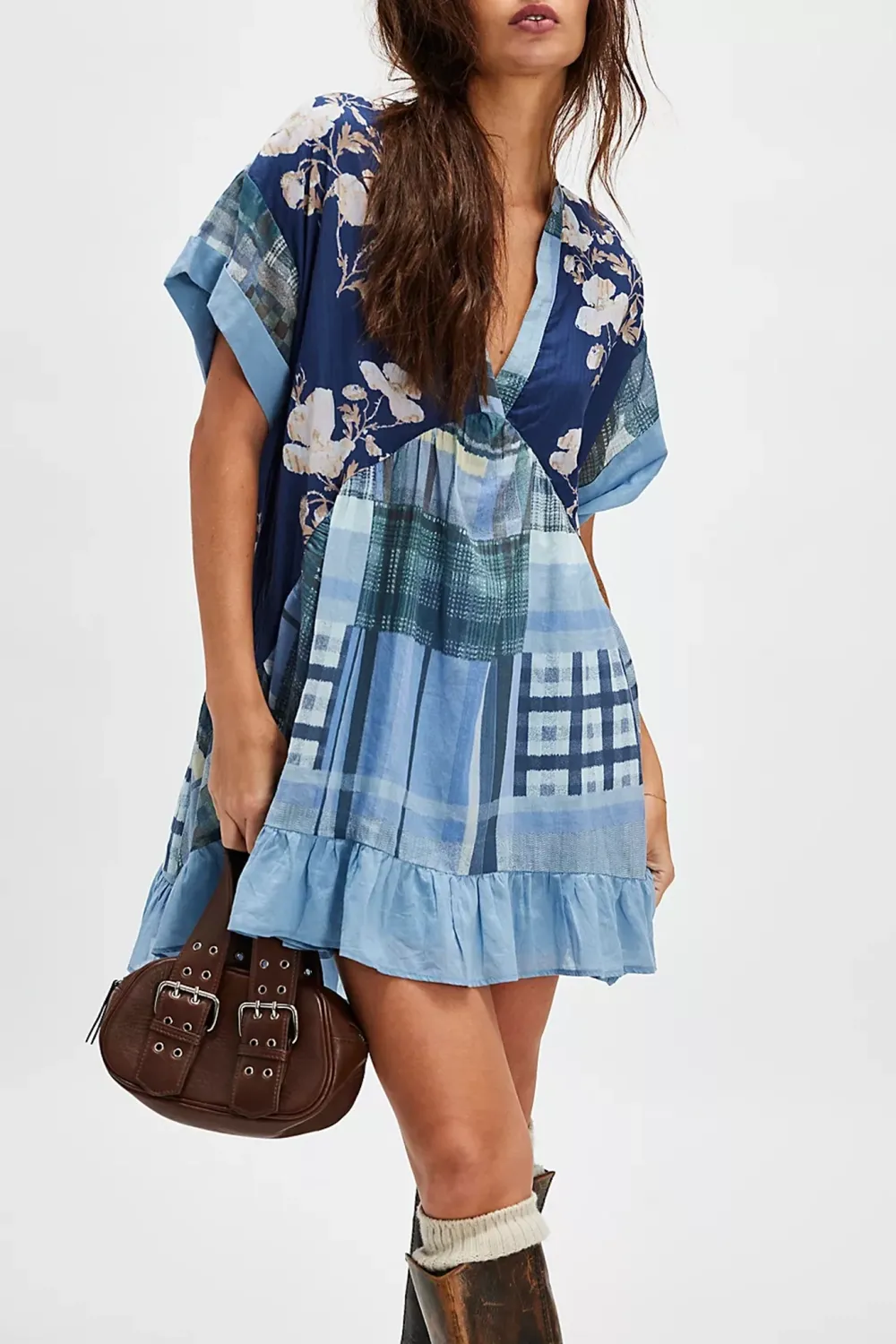 Patchwork Print Wrap Mini Dress