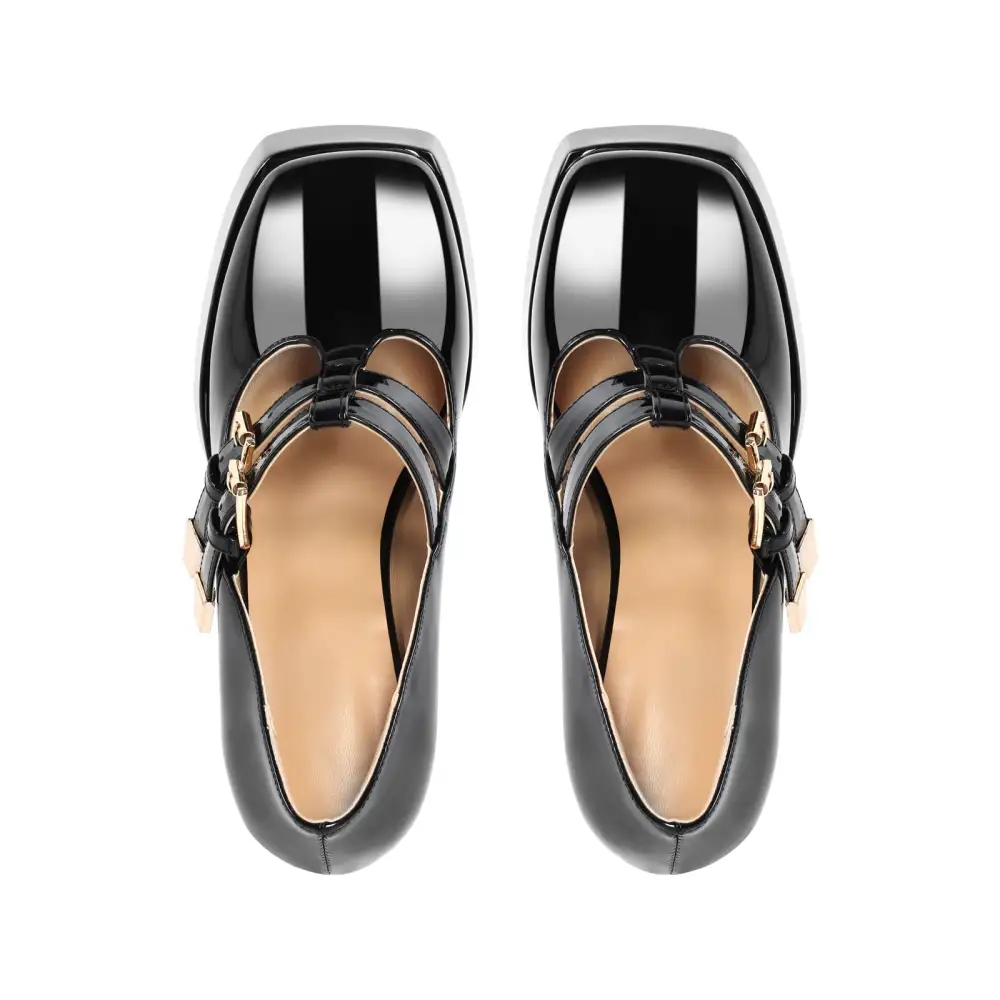 Modern Square Toe Platform Chunky Heel Buckle Strap Pumps