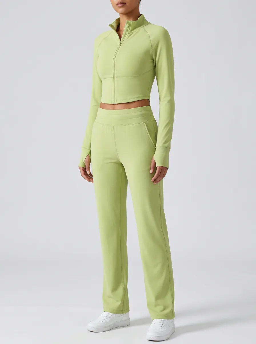 Women's High-Neck Zip-Up Thumbhole Cropped Jacket and Straight-Leg Pant Set