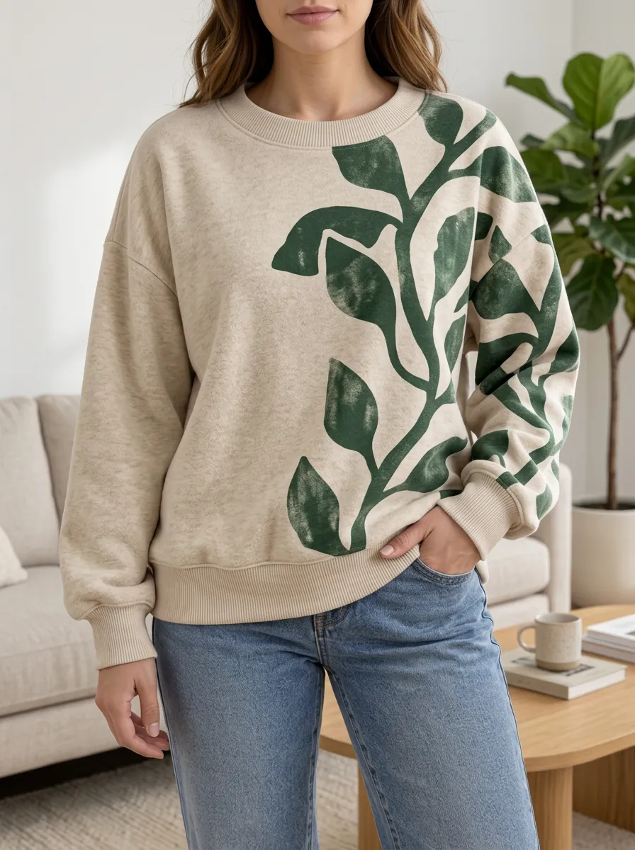 Women's Botanical Print Crewneck Sweatshirt Crew Neck Ribbed Trim