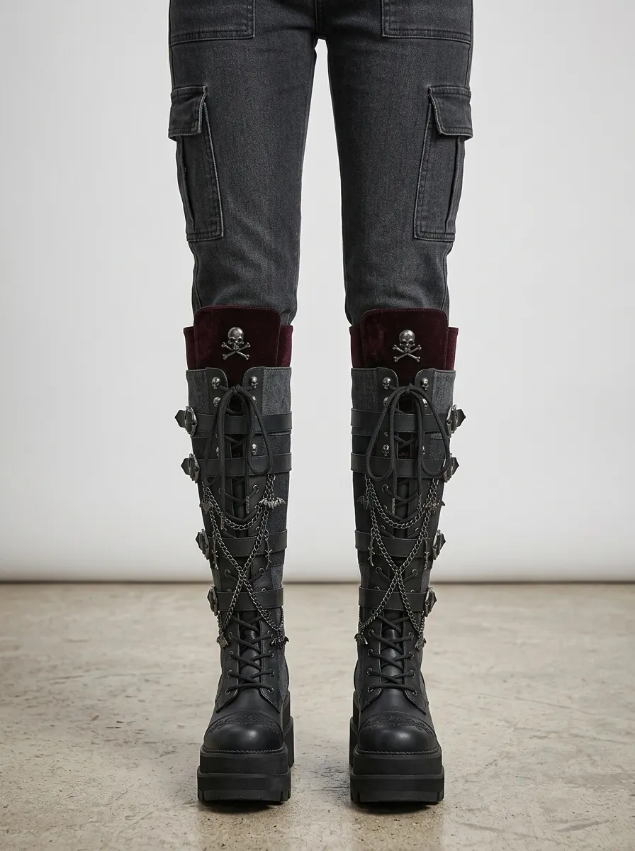 Modern Gothic Skull Bat Chain Darkwear Style Women's Gothic Platform Boots