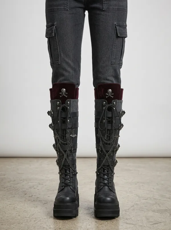 Modern Gothic Skull Bat Chain Darkwear Style Women's Gothic Platform Boots
