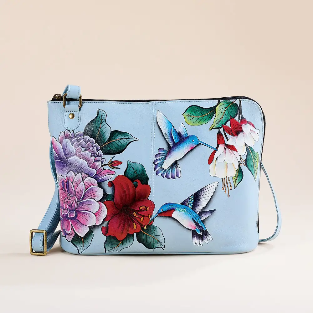 Hand-Painted Hummingbird Motif Crossbody Bag