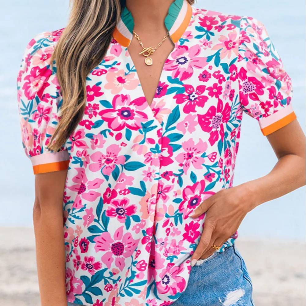 Everyday Striped Floral Short Sleeve Blouse