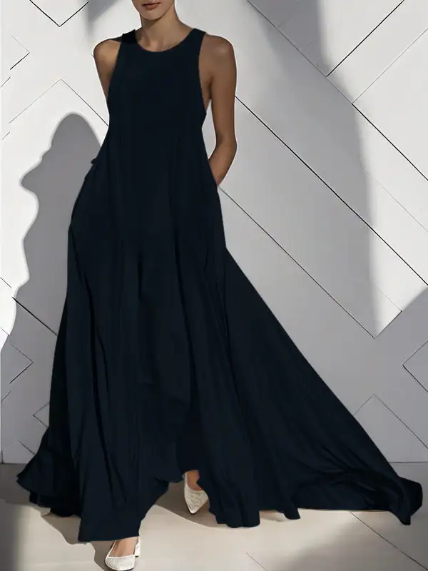 Pockets Sleeveless Neck Maxi Dress
