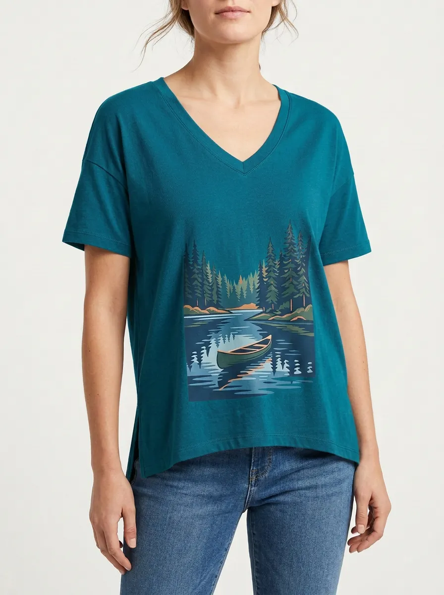 Women's Canoe & Forest Graphic V-Neck T-Shirt