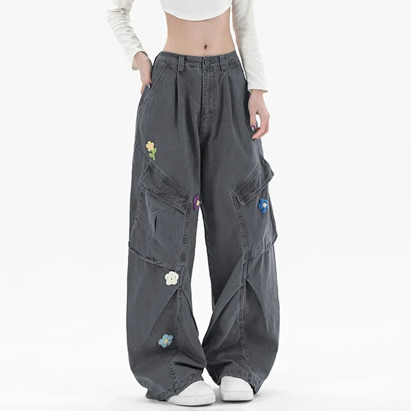 Multi Pocket Embroidered Floral Cargo Pants